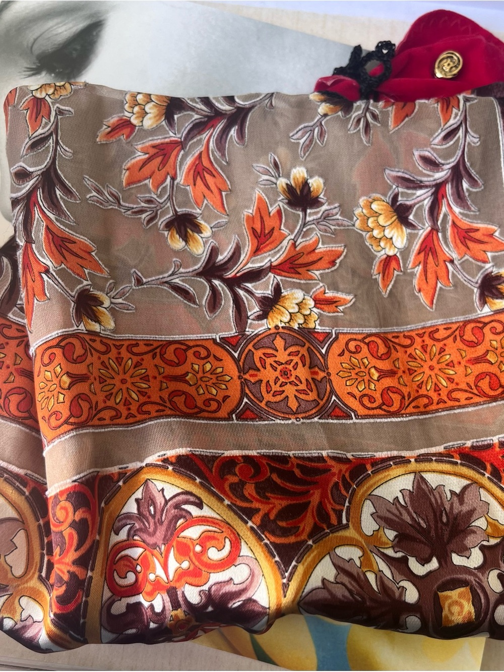 Vintage Turkish Brand Vakko Orange and Brown Floral Silk Scarf